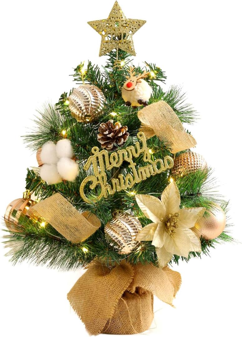 Tabletop Christmas Tree with Lights, 24inch/2ft Mini Christmas Tree, Tabletop Small Xmas Tree for Holiday Indoor DIY Christmas Decoration (Champagne Gold)