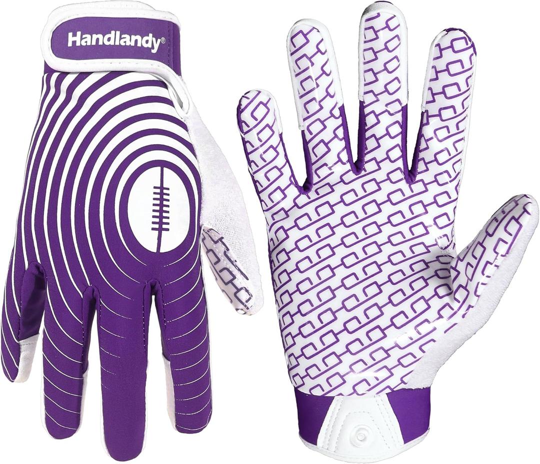 HANDLANDY Youth Football Gloves, Sticky Wide Receiver Gloves for Kids, White and Gold Stretch Fit Football Glove (White and Purple, Large)