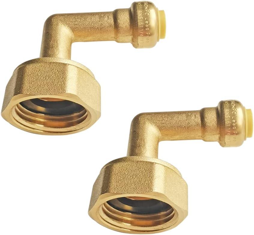 HQMPC Pushfit 90 Degree Dishwasher Elbow, 2Pcs 1/4 Inch x 3/4 Inch Female Hose Thread No Lead Brass Fittings Push to Connect PEX, Copper, CPVC, PE-RT