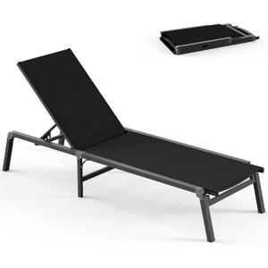 Foldable Lounge Chair Outdoor, Aluminum Pool Lounge Chairs with 5 Positions Recliner - No Assembly - Patio Chaise Lounge Chair for Outside, Poolside (Black) (1 Pack)