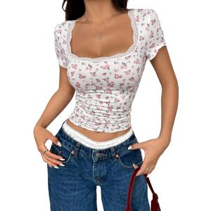 Women Y2k Ditsy Floral Lace Trim Crop Tops Yellow Cute Scoop Neck Tight Fitted Short Sleeve T Shirts Going Out (L)