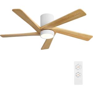 WINGBO 54 Inch Flush Mount DC Ceiling Fan with Lights and Remote, 5 Reversible Carved Wood Blades, 6-Speed Noiseless DC Motor, Hugger Ceiling Fan in White Finish with Oak Blades, ETL Listed