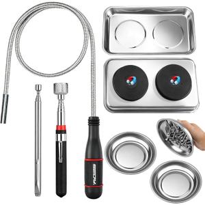 6-Piece Telescoping Magnetic Pickup Tools Set: 31in Portable Magnetic Pickup Stick, 25in Pen-Style Magnetic Pickup Tool, 20in Flexible Bendable Spring Magnet Stick with 4in 9in Magnet Parts Tray