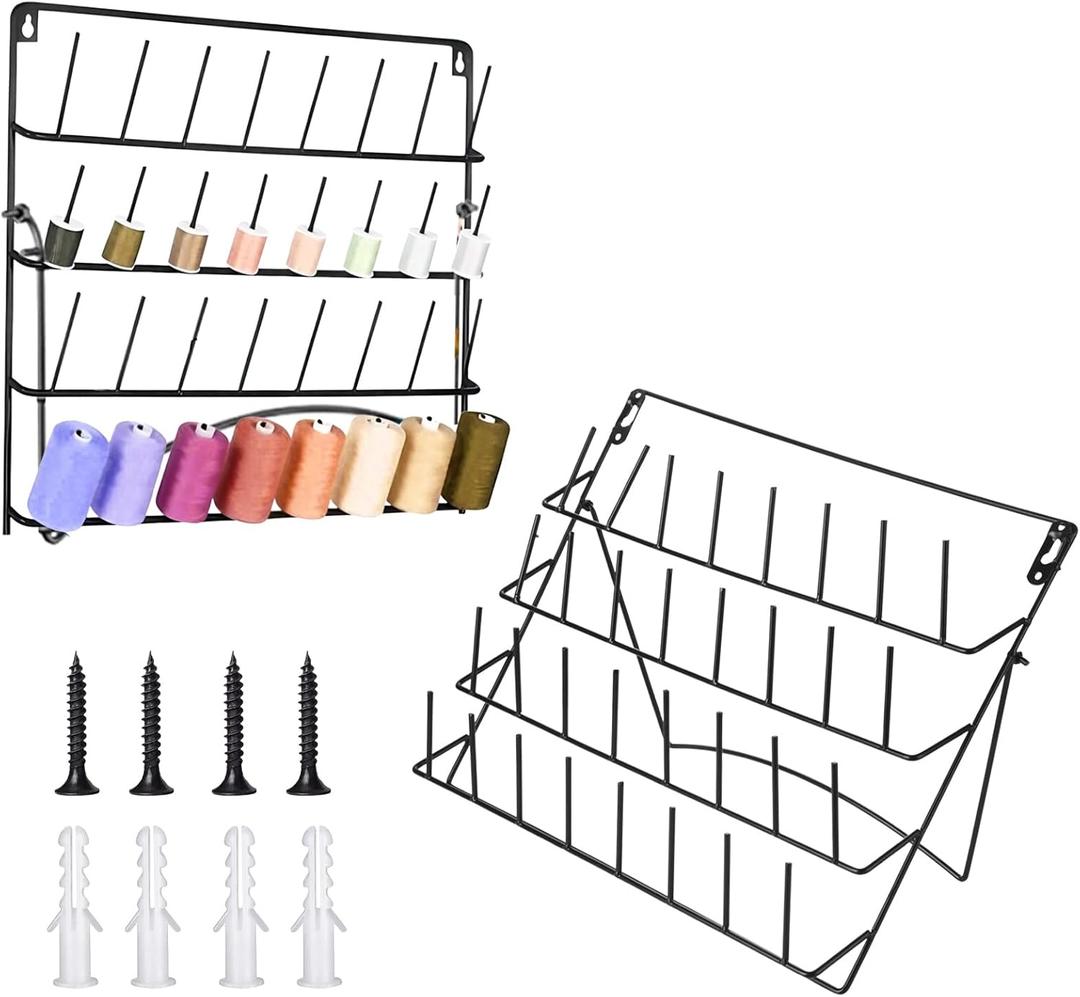 2 Pack Thread Holder Wall 32 Spools Thread Rack, Metal Sewing Thread Rack Wall-Mounted Organizer with Hanging Tools, Large Racks,Tabletop Storage Organizer for Sewing, Braiding, Embroidery