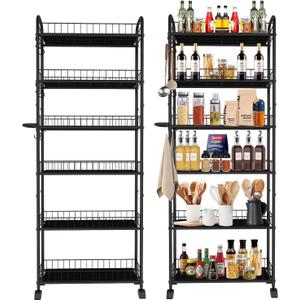 Slim Rolling Cart,6-Tier Storage Cart with Handle, 6in Mobile Shelving Unit with Wheels, Metal Wire Storage Rack with Baskets for Kitchen Bathroom Office Laundry Narrow Piaces
