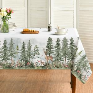 Horaldaily Spring Tablecloth 60140 Inch Rectangular, Green Spring Pine Tree Deer Rabbit Washable Seasonal Table Cover for Party Picnic Dinner Decor