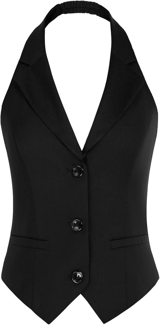 Belle Poque Women's Fully Lined Waistcoat Vest Halter V Neck Suit Vest (Medium, Black)