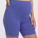 Motherhood Maternity Women's Over The Belly Ribbed Biker Pregnancy Workout Shorts, Skipper Blue, Medium