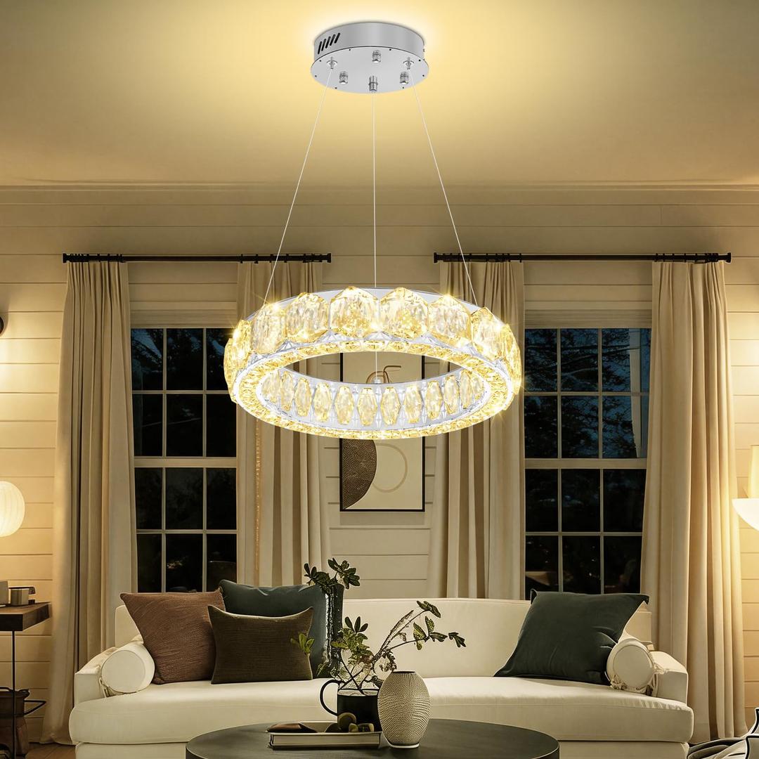 WOSOHYUN 16" Silver Crystal Ring Chandelier Adjustable Height Pendant Light