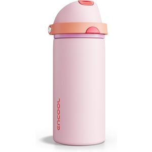 Insulated Water Bottle with Straw - Encool Stainless Steel Water Bottle with Push Button Lid, Leak-Proof & BPA-Free, Keeps Cold for 24 Hours for Sports, Travel, Gym (18 oz, Lily-Red)