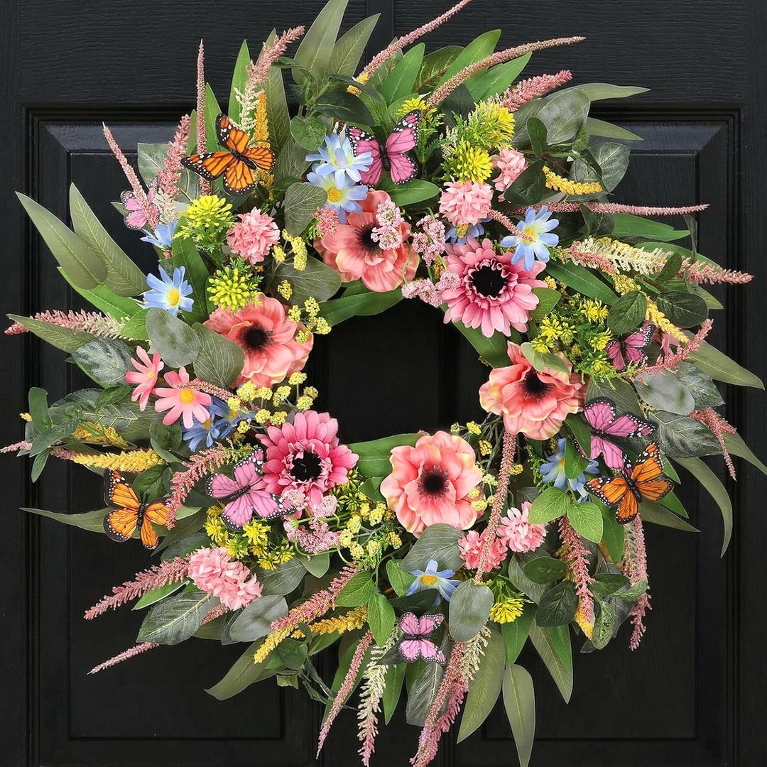 24 Inch Spring Summer Wreath for Front Door Butterfly Wreath Adorned with Eucalyptus Leaves Pink Blooms Butterfly, Year Round Wall Window Porch Home Farmhouse Indoor Outdoor Decor