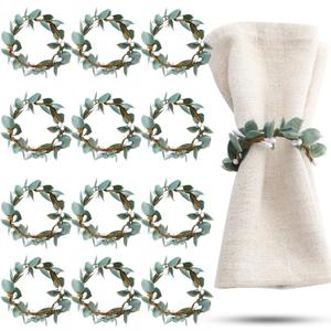 Napkin Rings Set of 12 Eucalyptus Leaf Napkin Rings Rustic Farmhouse Greenery Spring Wreath Ring Holders for Wedding Banquet Christmas Dining Table Decoration(White Berries)