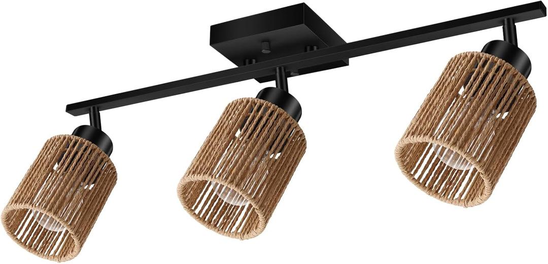 BoostArea 3 Light Track Lighting Kit, 3 Way Ceiling Spot Lighting with Handwoven Hemp Rope Lampshade, Flexibly Rotatable Light Head for Kitchen, Living Room, Bedroom, Bulb Not Included, 3 Light-Black