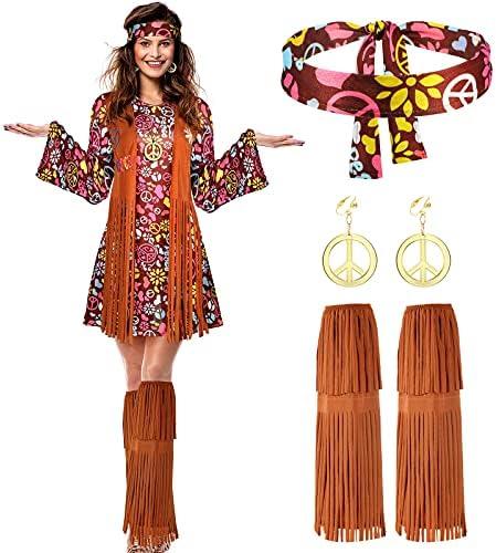 SATINIOR 70s 60s Hippie Costume Set 70s Outfits Accessories Women Disco Dress for Halloween