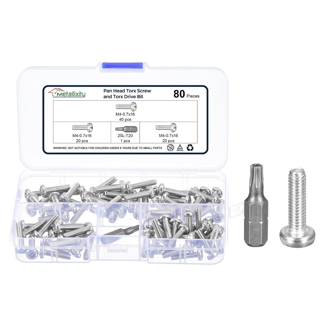METALLIXITY Pan Head Torx Security Screw Bolts (M4-0.7x16mm) 80pcs, Button Torx Head Machine Screw 304 Stainless Steel with One Bit - for Furniture Woodworking Project, Silver Tone