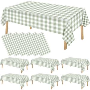 FuWeave 6 Pcs Green and White Checkered Tablecloths Disposable Plastic Gingham Table Cloths Waterproof Rectangle Plaid Table Cover for Wedding Picnic Birthday Party Decor, 54 x 108 Inch