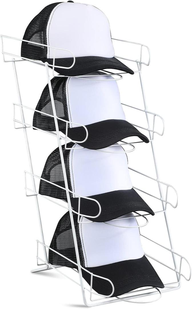 Zonon 4 Tier Hat Display Stand Wire Countertop Hat Display Rack boutique Baseball Cap Rack for Retail, Table Top, Bedroom, Entryway(White)