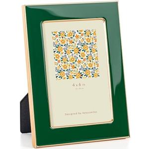 Venusmiles 4x6 Enamel Picture Frame, Gold Metal Edge with Easel, Real Glass Photo Frame for Wall and Tabletop Display Family Office Photo Gallery, Green Enamel/1pc