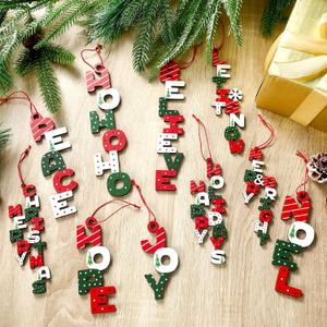 Roowest 30 Pcs Christmas Wood Word Cutout Merry Christmas Signs Vintage Wooden Red and Green Hanging Ornaments Joy Peace Believe Large Letter for Xmas Tree Party Wall Door Decor Farmhouse Craft