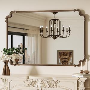 TETOTE Antique Gold Vintage Mirror for Mantle Fireplace 48 x 32 Traditional Baroque Ornate Scroll Wall Mirror with Metal Frame for Living Room Bedroom, Horizontal/Vertical