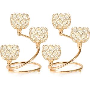 KEHAIL Metal Crystal Candle Holder Set of 3 - Elegant 5-Arm Metal Tea Light Centerpiece with Shining Crystal Bowl, Wedding Anniversary Table Decor for Dining, Party (Gold, 2 Pcs 3 Arm)