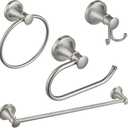 BESy Brushed Nickel 4 Piece Bathroom Accessories Set (Single Towel Bar, Towel Ring, Toilet Paper Holder, Double Towel Hooks), Wall Mounted Bath Hardware Accessory Fixtures Rack Set