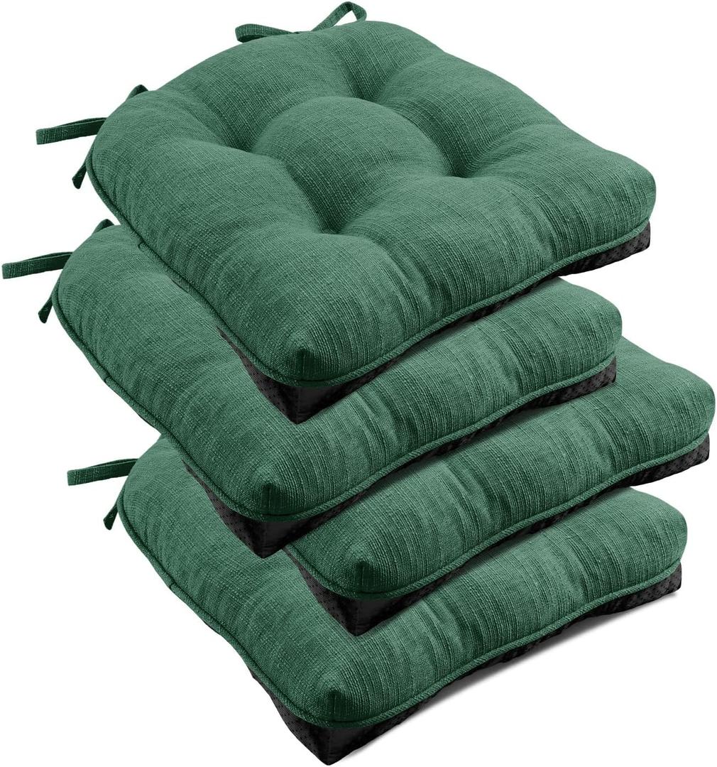 downluxe Indoor Chair Cushions for Dining Chairs, Tufted Overstuffed Textured Kitchen Chair Pads with Ties and Non-Slip Backing, 15.5" x 15.5" x 4", Dark Green, 4 Pack