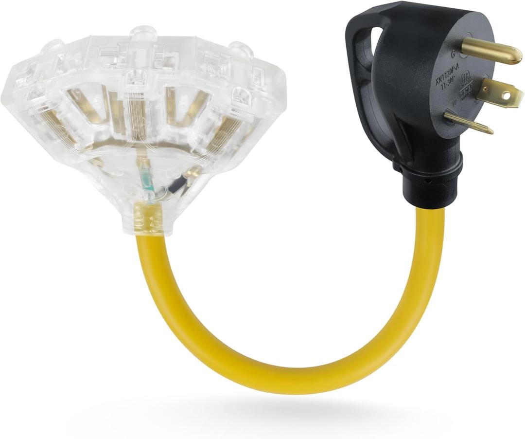 30 Amp to 110V 20 Amp RV Distribution Adapter, NEMA TT-30P Male to 3x5-15R/20R Household Outlet Female(TT5-30P to 3X 5-15R/5-20R) 30 Amp to 110V 20 Amp RV Distribution Adapter, NEMA TT-30P Male to 3x5-15R/20R Household Outlet Female(TT5-30P to 3X 5-15R/5-20R)