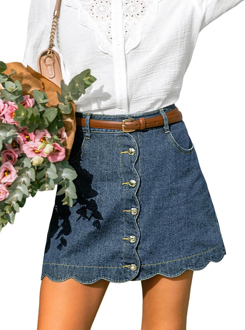 CUPSHE Womens Denim Mini Skirt Button Front A-Line Jean High Waist Scalloped Hem Casual Outfits (Blue, L)