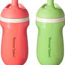 Tommee Tippee Insulated 9oz Sporty Spout Toddler Water Bottle, No Spill, Sippy Cups for Toddlers 1-3, Two-Piece Valve Helps Stop Spills, Green & Red, BPA Free, Pack of 2