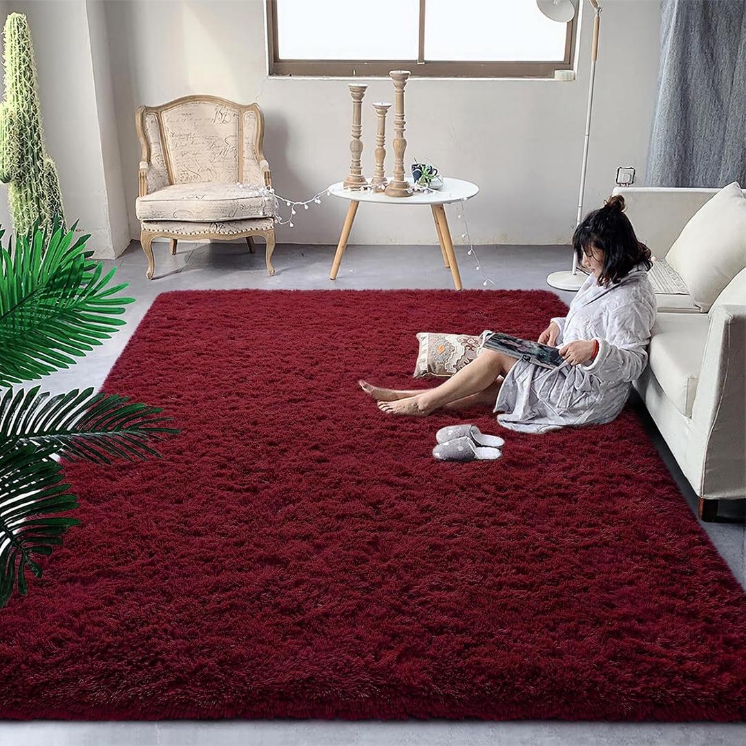 DweIke Fluffy Burgundy Red Rugs for Bedroom Living Room, 5x8 Feet Soft Plush Shaggy Wine Maroon Girls Boys Kids Rug, Non-Slip and Machine Washable Carpet for Dorm Nursery Classroom Decor