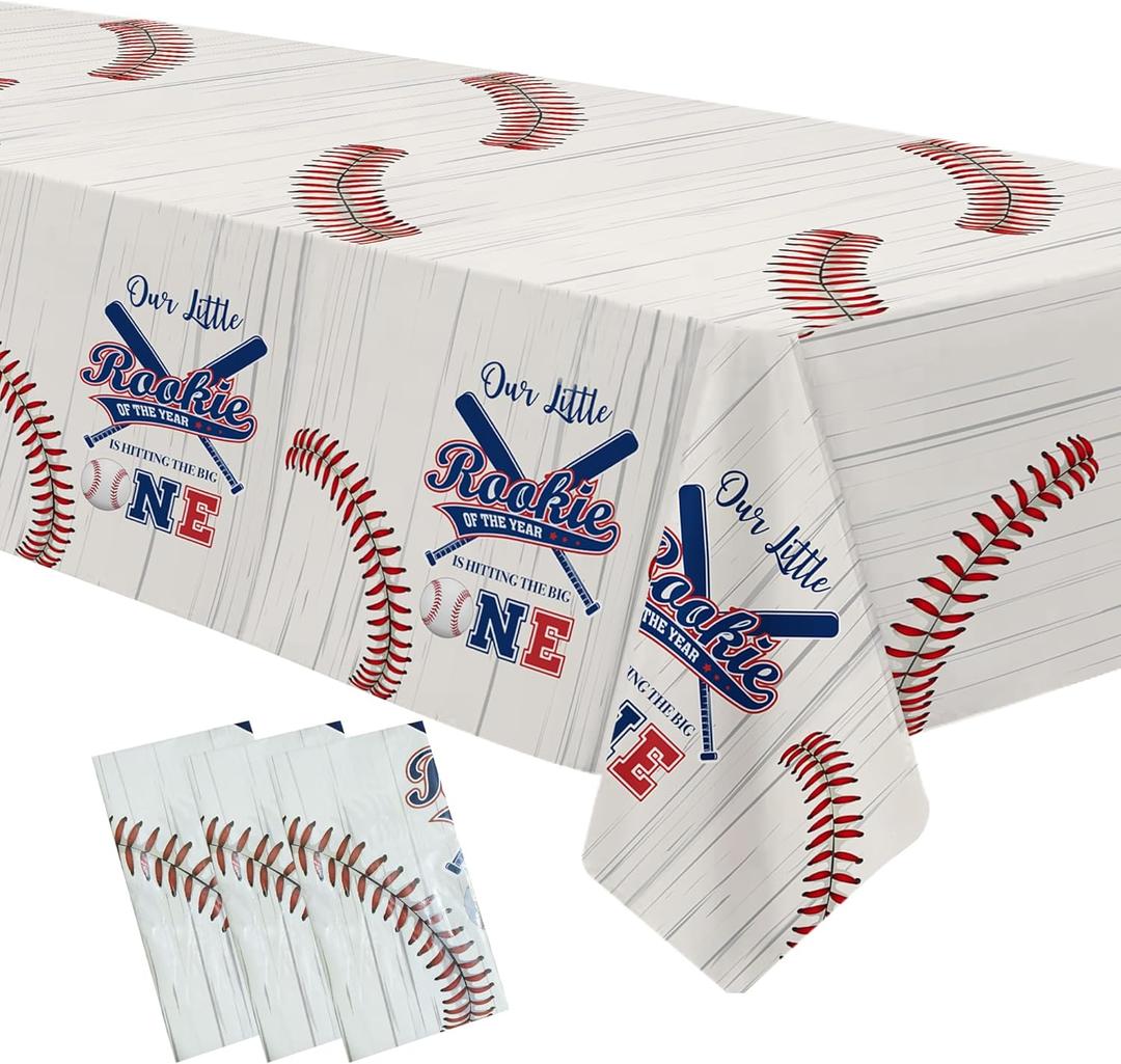 Baseball First Birthday Party Supplies Tablecloth -Disposable Rookie of The Year 1st Birthday Decorations Tablecover, Baseball One-Year-Old Party Table Cloth - 3 Pack (54in x 108in)