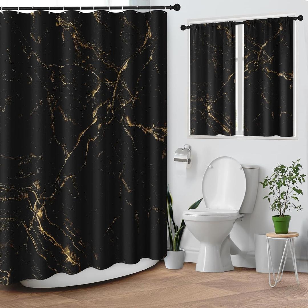 Marble Black Gold Shower Curtain Set, Abstract Art Bathroom Window Waterproof Shower Curtain Set for Bathroom Decor (Modern 8)