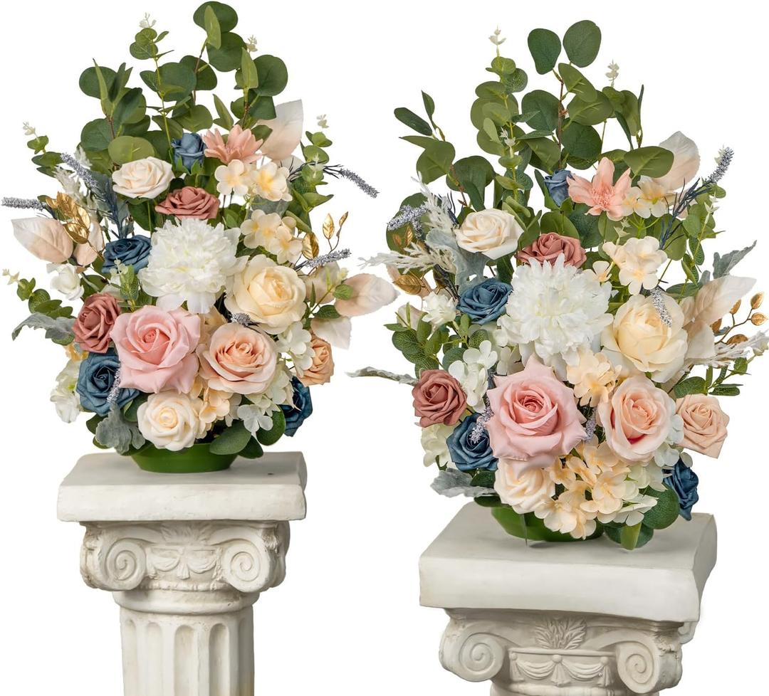 TINGE TIME Free Standing Artificial Rose Flowers Set of 2, Wedding Arch Altar Stage Decorations, Silk Fake Flower for Wedding Centerpiece Archway Aisle Welcome Entrance (DustyRose&NavyBlue)