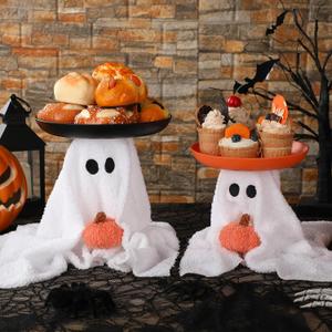 2 Set Halloween Cupcake Stand Ghost Pumpkin Candy Bowl Serving Tray Plush Halloween Cake Stand Holder Dessert Candy Dishes Tabletop Decoration for Party Cookies Display