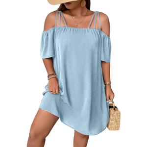 SOLY HUX Women's Plus Size Dresses Off Shoulder Short Sleeve Short Dresses Causal Loose Tunic Summer Dress (3X-Large Plus, Solid Light Blue)