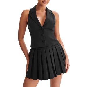 Cicy Bell Womens Summer 2 Piece Outfits V Neck Blazer Vest Matching Sets and Mini Pleated Skirts (X-Large, Black)