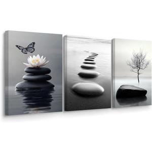 BJYCHG Black and White Zen Wall Art 3 Pieces Stones in Water Picture Canvas Print for Bathroom Spa Stone Painting Yoga Meditation Room Decor Framed (Black, 16x24inchx3 Pieces)