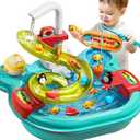 Play Sink with Running Water, 3-in-1 Toddler Kitchen Toys, Water Table, Fishing Set, Tracks, Pretend Play Kitchen Cleaning Set Water Toys for Toddlers 1-3