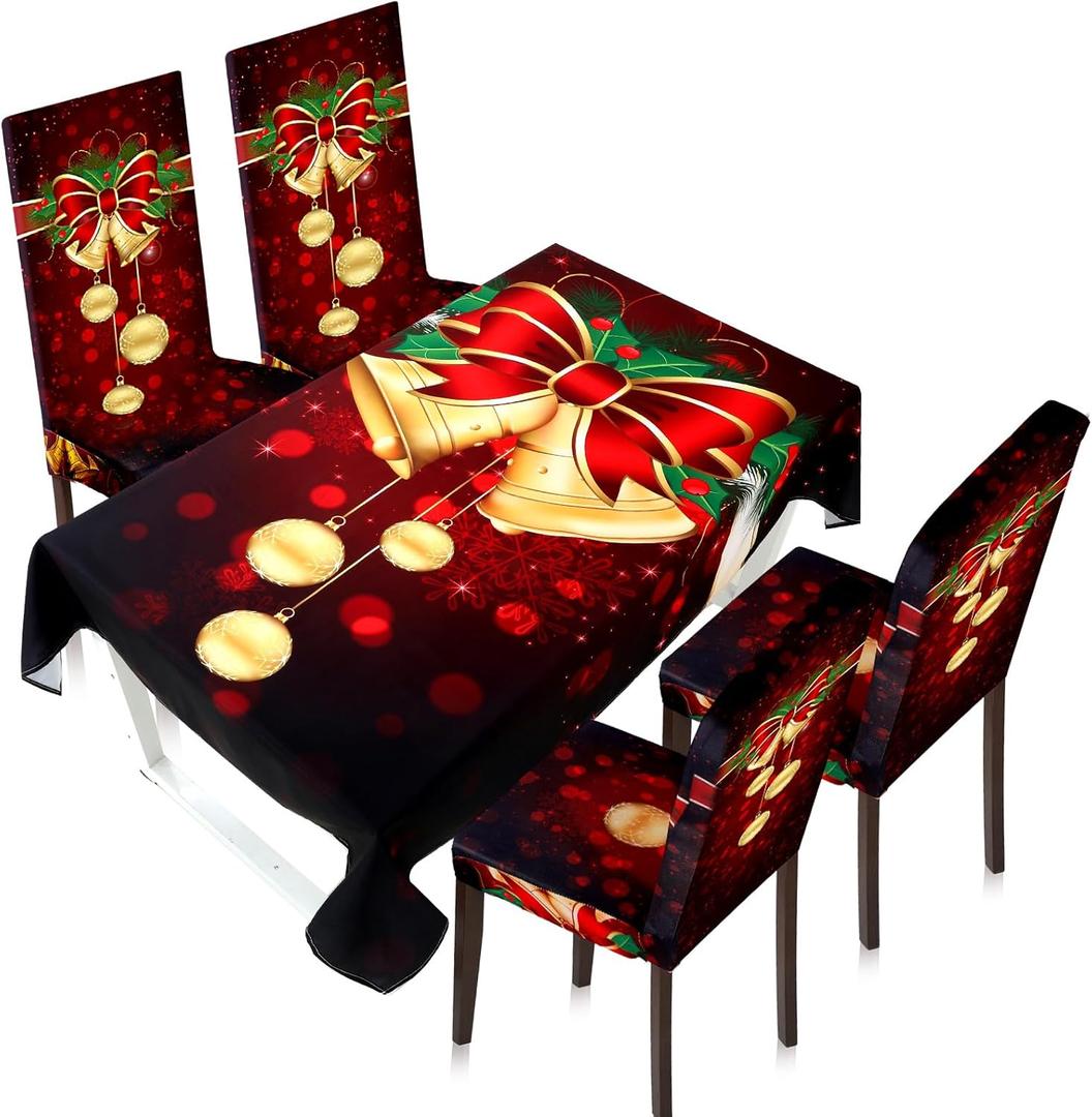 Moukeren 5 Pcs Christmas Tablecloth Chair Covers Set Removable Washable Christmas Table Cover with 4 Stretch Xmas Seat Slip Covers for Home Hotel Dining Room Xmas Banquet Wedding Party Decor