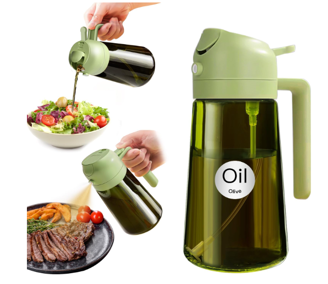YARRAMATE 16oz/470ml 1 PC Light Blockage Dark Oil Sprayer for Cooking, 2 in 1 Olive Oil Dispenser Bottle for Kitchen, Green Glass Oil Bottle, Food-Grade Oil Mister for Air Fryer, BBQ (Green only)