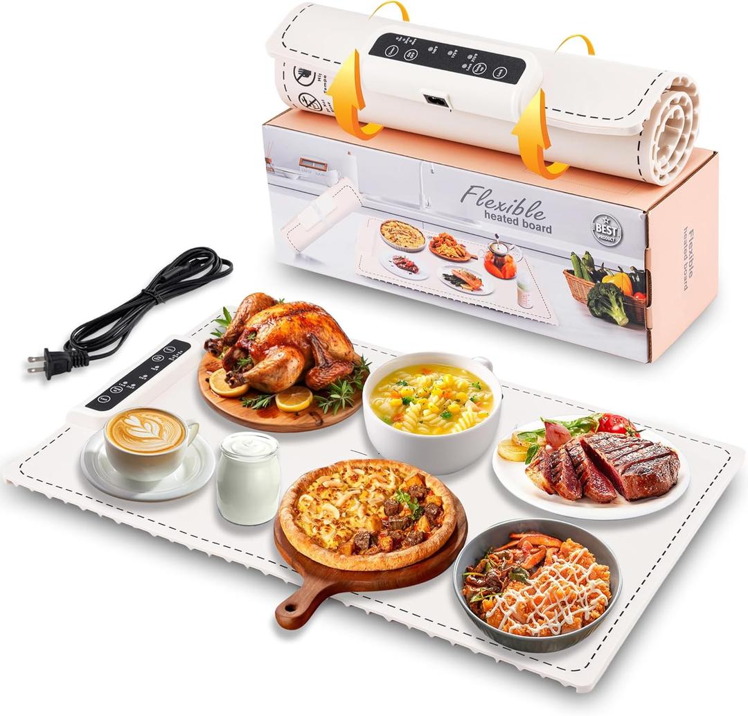 Electric Warming Tray,Warming Mat for Food, Fast Full Surface Heating Food Warmer, Portable Silicone Warmer, Raised Feet Protects Table, Foldable Food Warmer for Parties,Buffets,Daily Use(White)