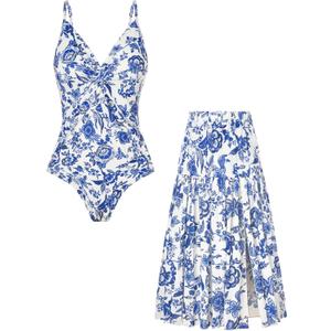 GRACE KARIN Women's One Piece Swimsuits with Cover Up Skirt Tummy Control V Neck Bathing Suits (Large, Blue White Floral)