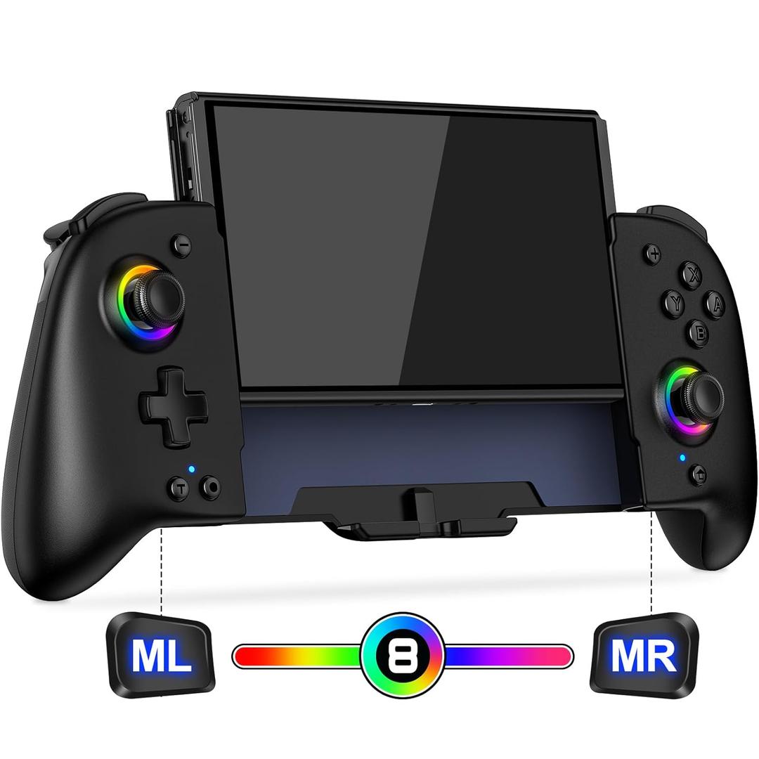 Gammeefy Switch Controllers for Nintendo Switch/OLED, One-Piece Joypad Controller Replacement for Wireless Switch Pro Controller with 9 Lights Color, Switch Remote for Users Who Prefer Handheld Mode (Black)
