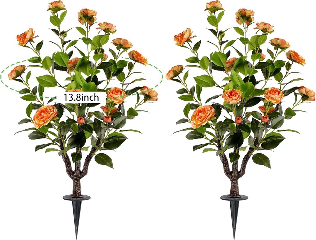 Artificial Camellia Tree 2 Pack , 36'' Faux Camellia Plant in Pot with Orange Flowers for Spring Home Front Door Outdoor Indoor Decoration (Orange)