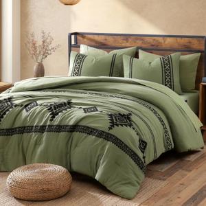 MaiRve Embroidery Queen Size Comforter Sets, Light Olive Green Western Bedding Set Boho 7 Pieces, All Season Farmhouse Bed in A Bag Comforter Set with Sheets, Pillowcases & Shams