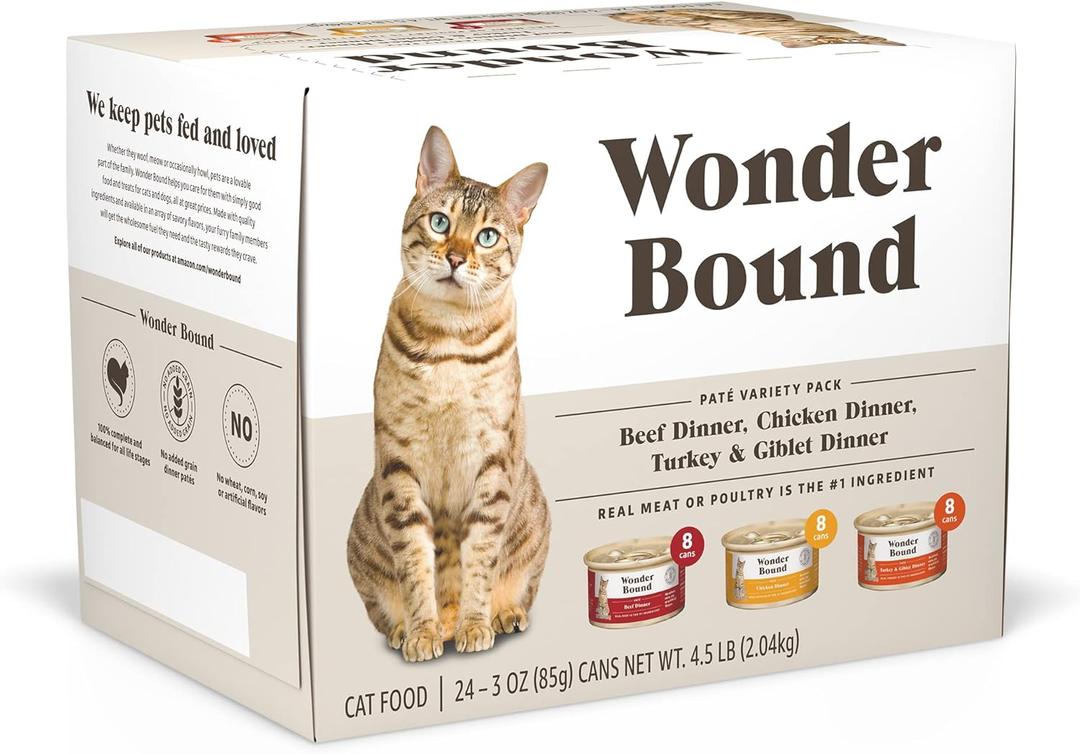 Amazon Brand - Wonder Bound Wet Cat Food, Pate, No Added Grain, Variety Pack (Beef/Chicken/Turkey & Giblet), 3 ounce (Pack of 24) (EXP 04/24/28)