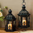 TRIROCKS Set of 2 Vintage Decorative Lanterns 9.5" H Hanging Lantern Metal Candleholder with Tempered Glass for Indoor Outdoor Home Decor Parties Garden Events Wedding(Black with Gold Brush)