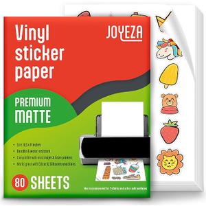 JOYEZA Premium Printable Vinyl Sticker Paper for Inkjet Printer - 80 Sheets Matte White Waterproof, Dries Quickly Vivid Colors, Holds Ink Well- Tear Resistant - Inkjet & Laser Printer