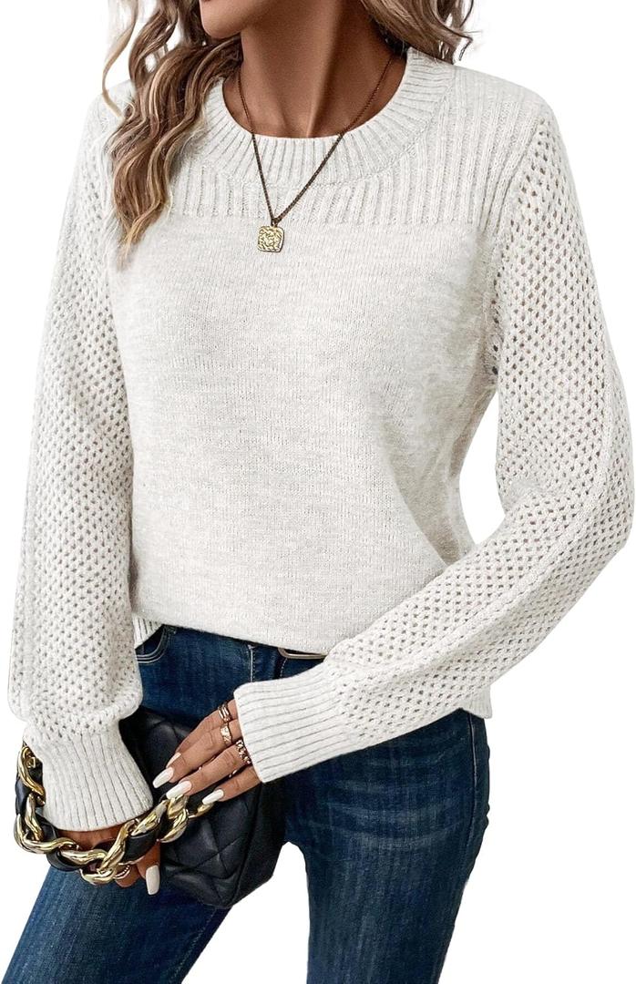 Womens Sweaters Casual Long Sleeve Crewneck Crochet Knit Pullover Sweater Tops 2026 Fall Fashion Trendy Outfits (Small, White)